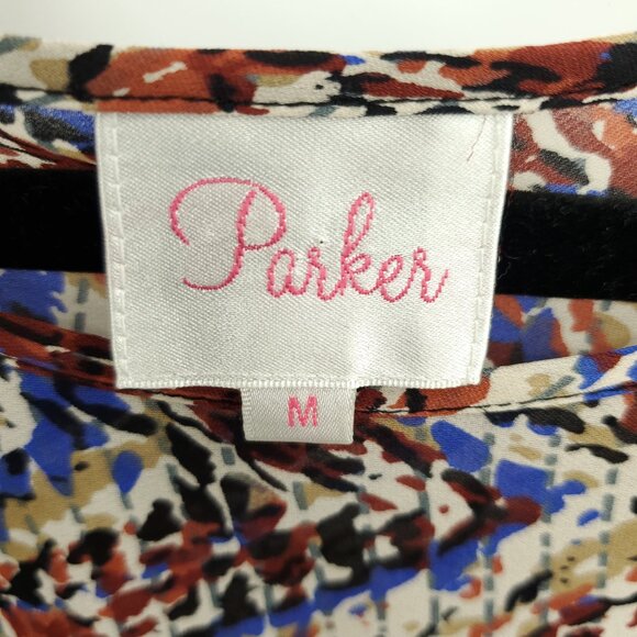 Parker 100% Silk Geometric Printed Balloon Sleeve Mini Dress Batwing Sz M Multi - Picture 3 of 15